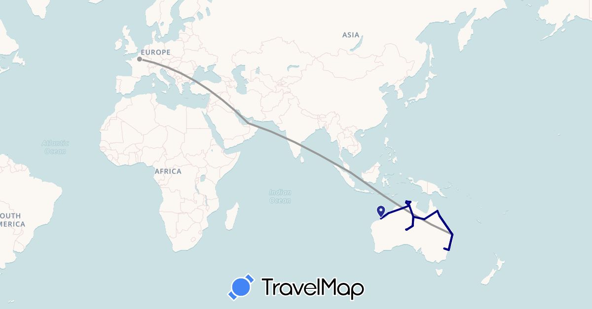 TravelMap itinerary: driving, plane in United Arab Emirates, Australia, France, Singapore (Asia, Europe, Oceania)